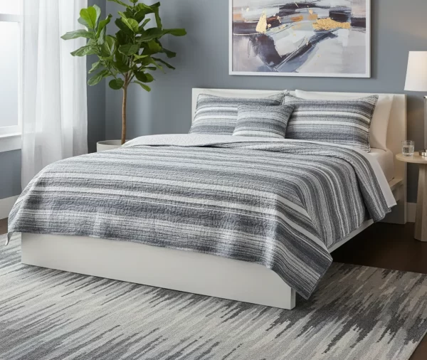 Grey Blue Stripe Printed Quilt