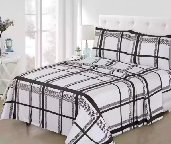 4 Pcs Printed Plaid Check Bedsheet Set (Black & White)