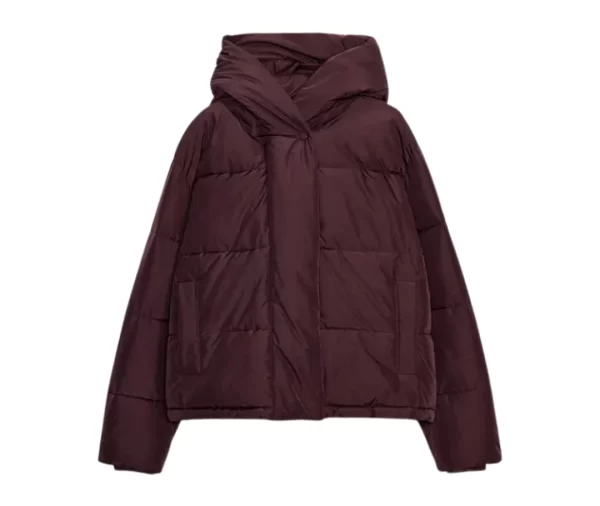 Women's Maroon Hooded Cropped Puffer Jacket