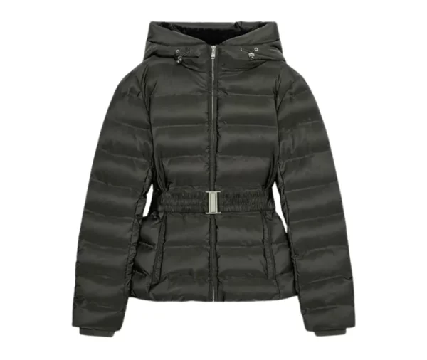 Women’s Hooded Belted Puffer Jacket (Dark Olive Green)