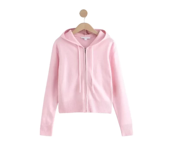 Women's Pink Knit Full-Zip Cropped Hoodie