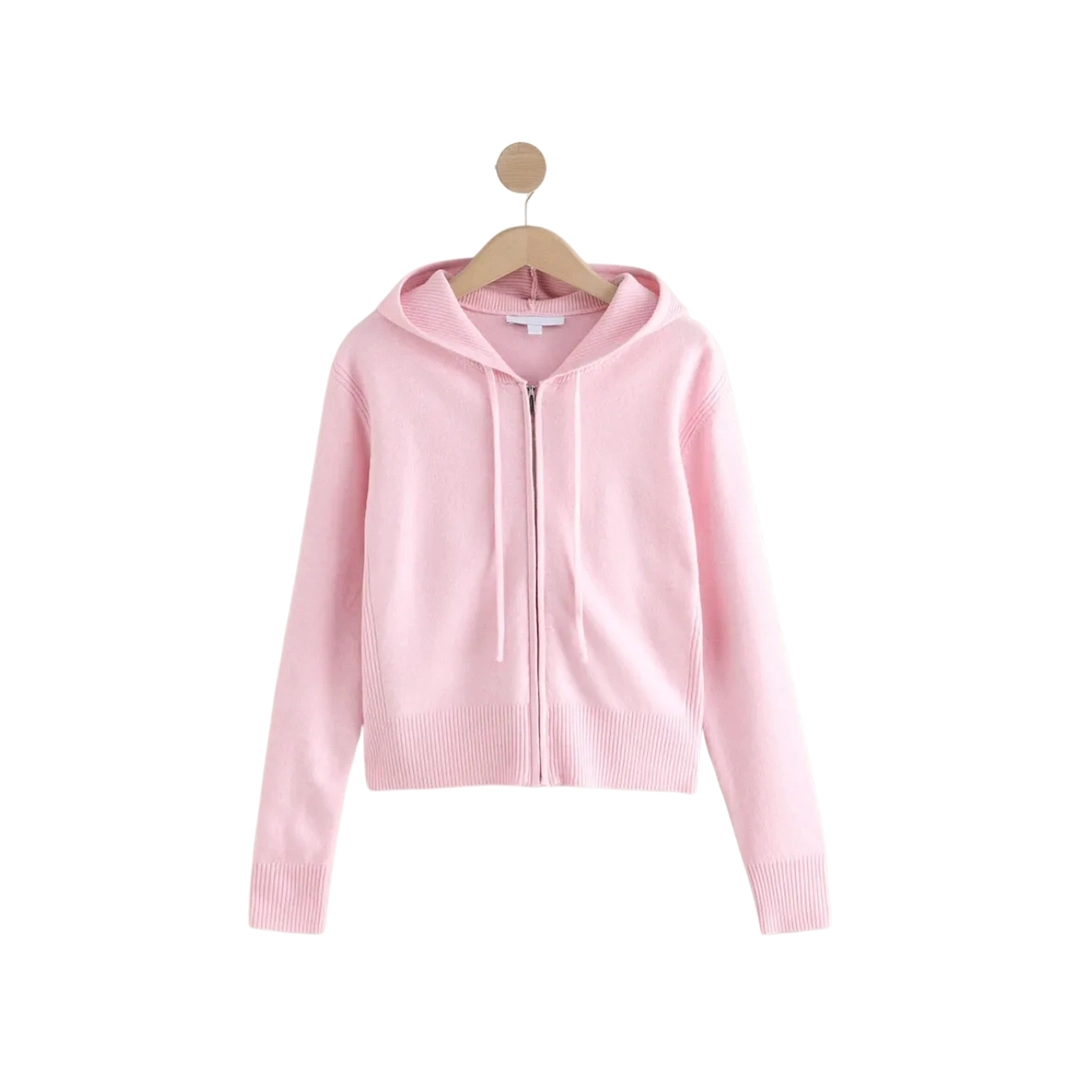 Women's Pink Knit Full-Zip Cropped Hoodie