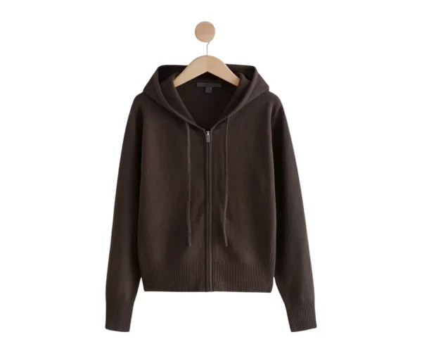 Women's Dark Brown Knit Full-Zip Cropped Hoodie