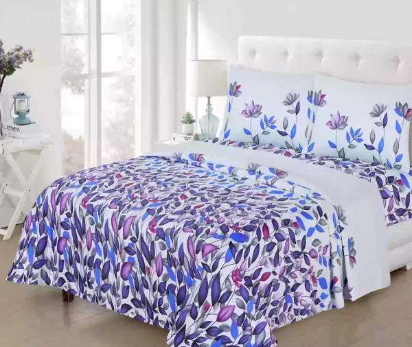 4 Pcs Printed Purple Blue Floral Bedsheet Set