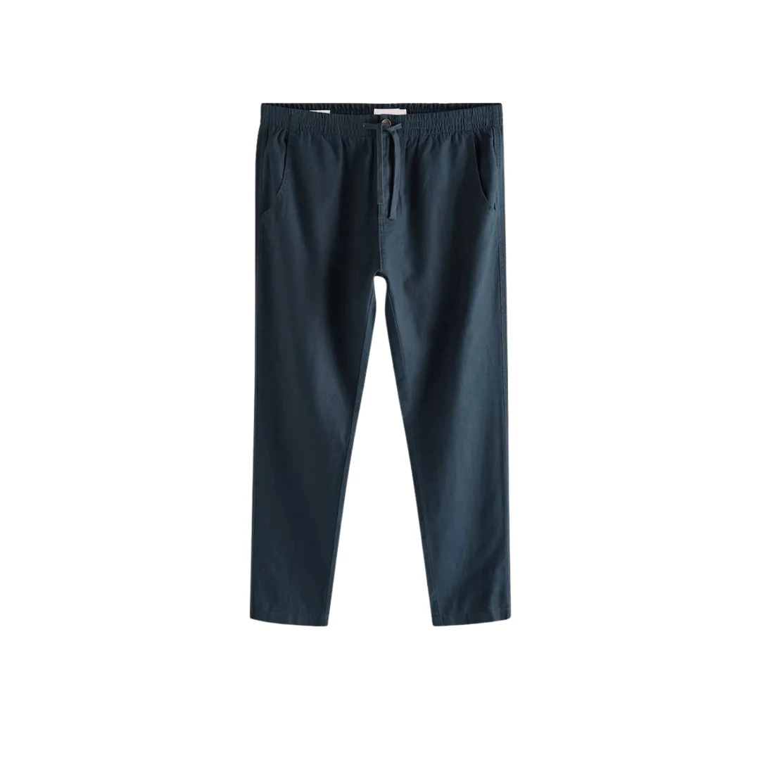 Linen Cotton Elastic Waist Pants (Navy Blue)