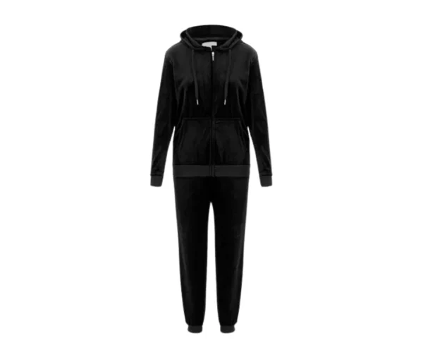 Women’s Black Velvet Zip-Up Tracksuit Set