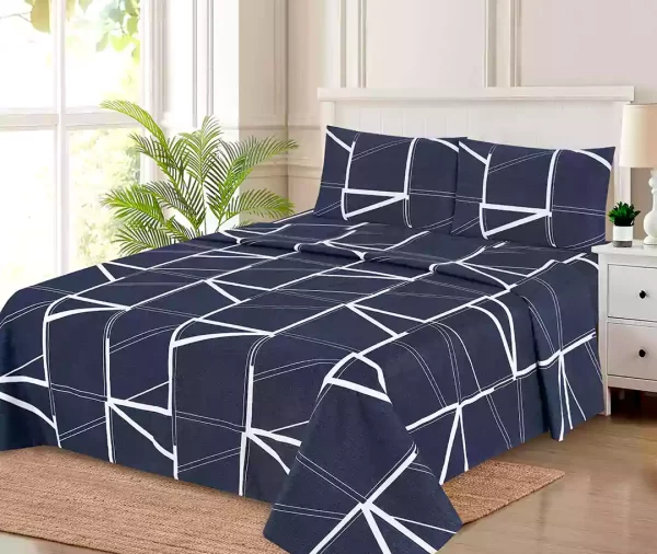 4 Pcs Printed Navy Blue/White lines Bedsheet Set