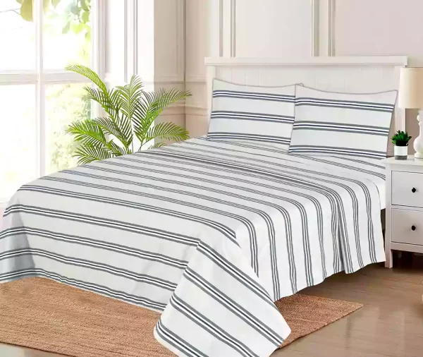 4 Pcs Printed White & Grey Striped Bedsheet Set