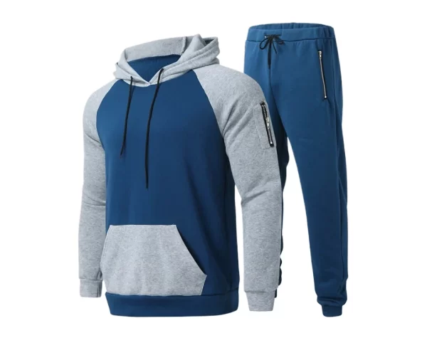 Men's Casual Hoodie Tracksuit Set (Blue and Grey)