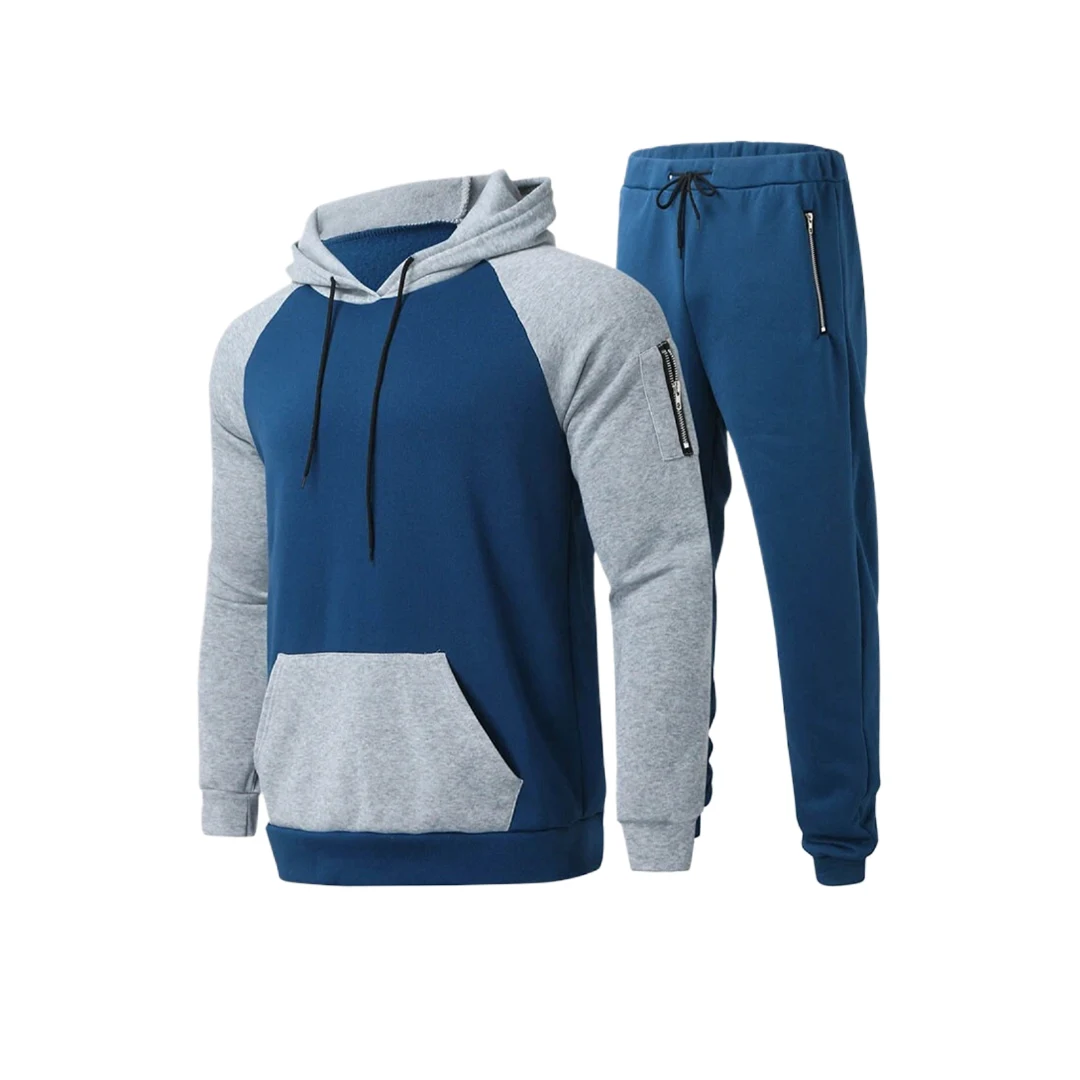 Men's Casual Hoodie Tracksuit Set (Blue and Grey)