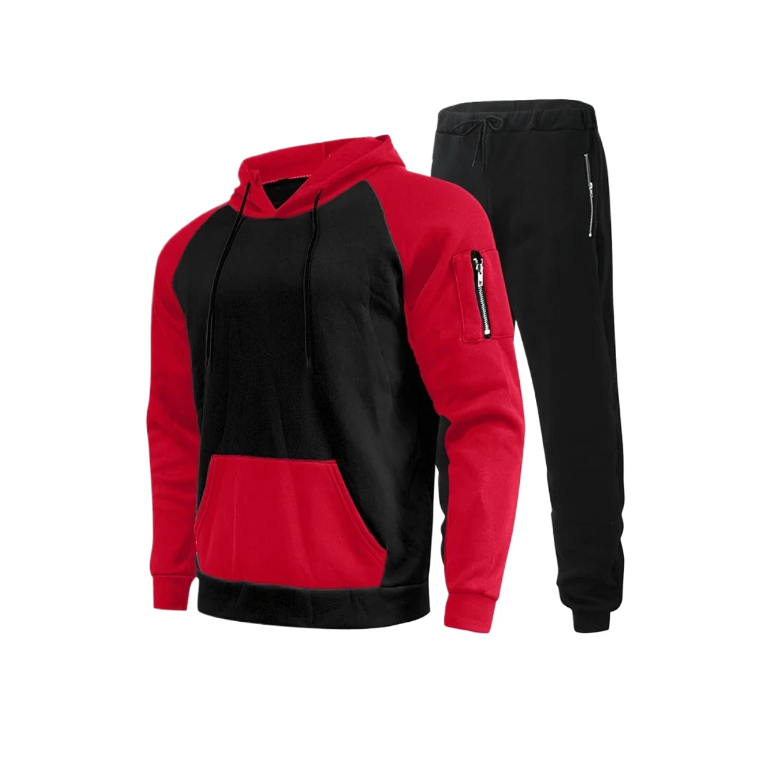 Men's Casual Hoodie Tracksuit Set (Black and Red)