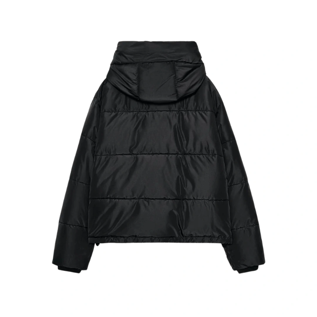 Women's Black Hooded Cropped Puffer Jacket - Image 2