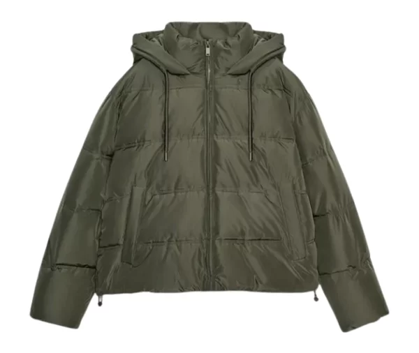 Women's Olive Green Hooded Cropped Puffer Jacket
