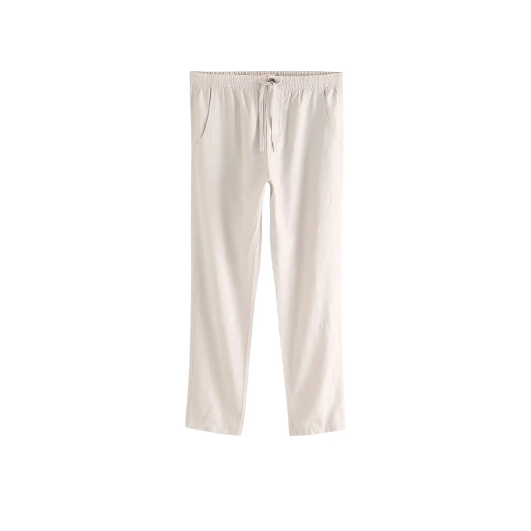 Linen Cotton Elastic Waist Pants (Cream)
