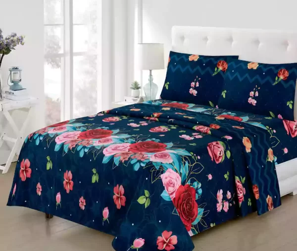 4 Pcs Printed Navy Blue Floral Bedsheet Set