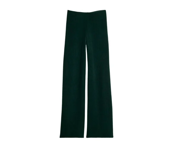 Women's Dark Green Ribbed Knit Wide Leg Trousers