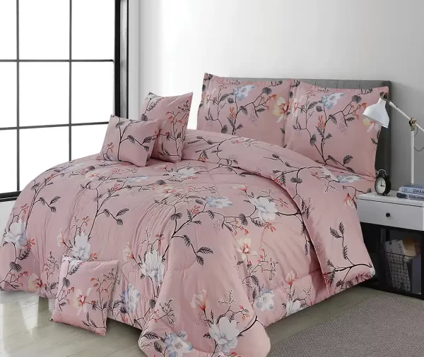 7 Pcs Printed Soft Pink Floral Comforter Set