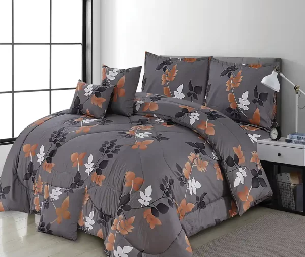 7 Pcs Printed Grey Orange Autumn Leaf Comforter Set