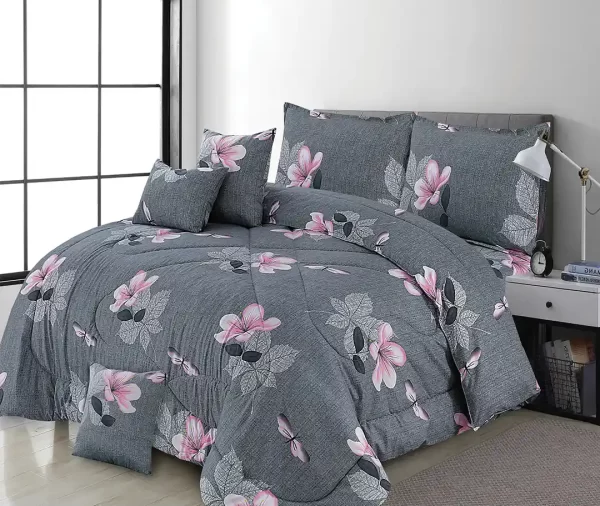 7 Pcs Printed Grey Pink Floral Comforter Set