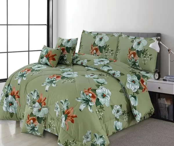 7 Pcs Printed Green Floral Comforter Set