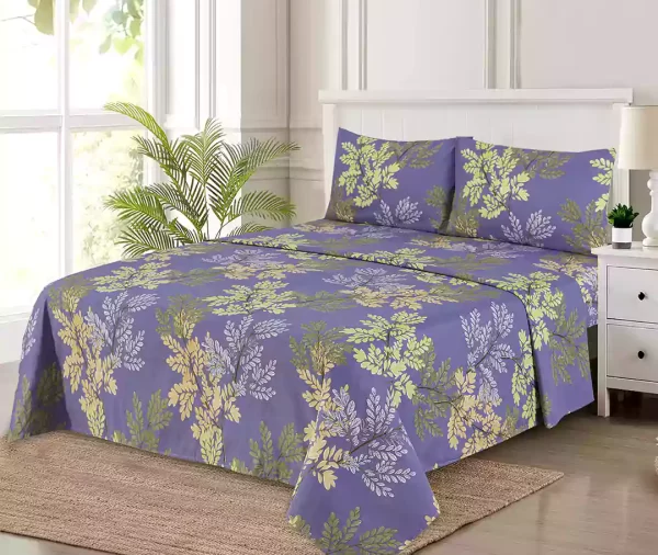 4 Pcs Printed Purple Green Leaf Bedsheet Set