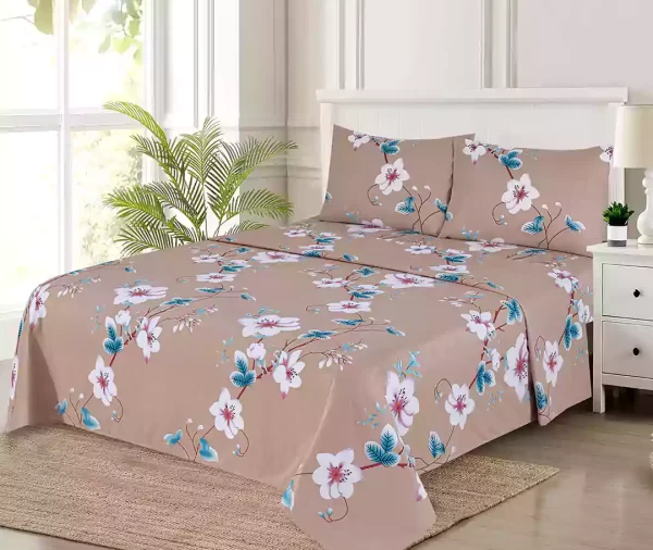 4 Pcs Printed Peach Floral Bedsheet Set