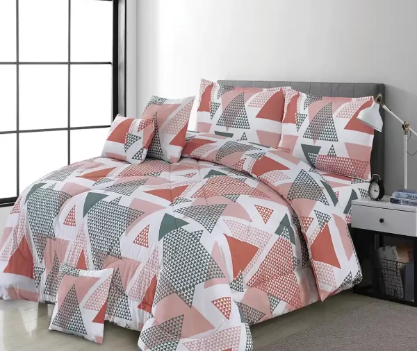7 Pcs Printed Modern Pink and Grey Triangle Comforter Set