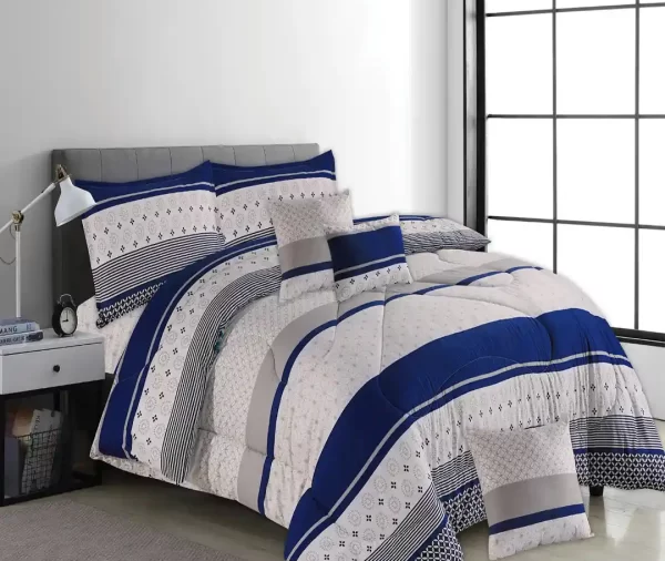 7 Pcs Printed Blue & Grey Patterned Comforter Set