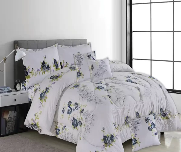 7 Pcs Printed Blue and White Luxury Comforter Set