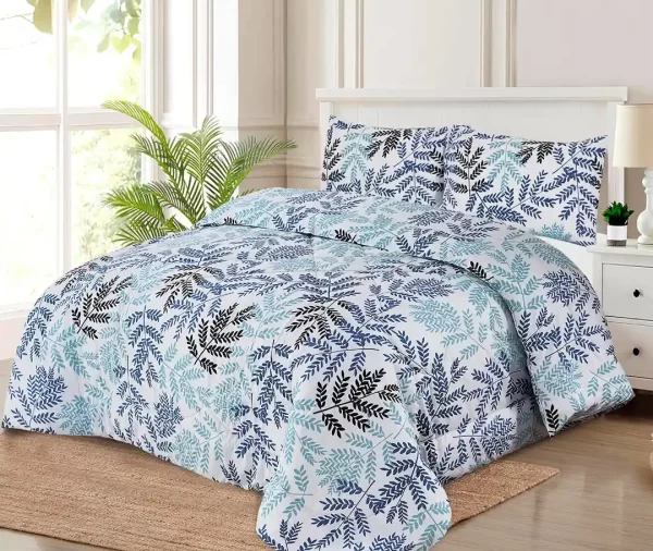 7 Pcs Printed Blue & Black Leaf Comforter Set