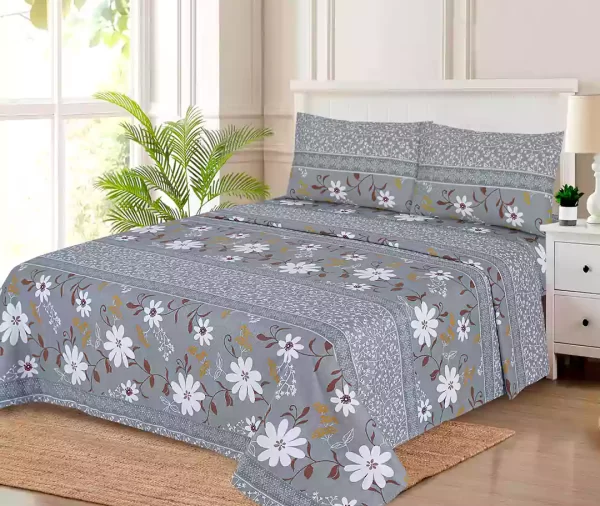 4 Pcs Printed Grey White Floral Bedsheet Set