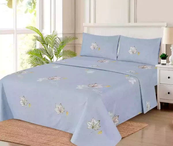 4 Pcs Printed Light Blue Maple Leaf Bedsheet Set