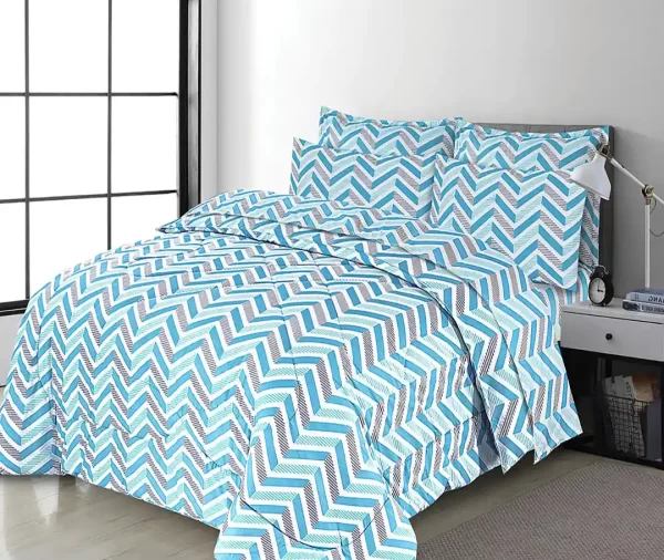 7 Pcs Printed Teal and Grey Zigzag Comforter Set