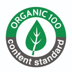 Organic 100 Content Standard certification logo, ensuring product contains 95-100% organic material.