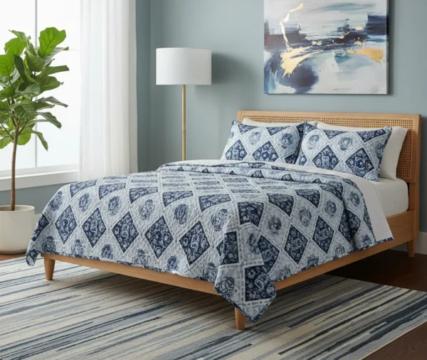 Coastal Navy Diamond Printed Quilt Set