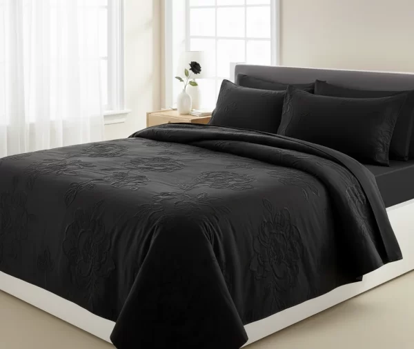Chic Black Plain Quilt with Floral Design
