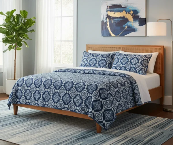 Cobalt Blue Tiled Geometric Printed Quilt