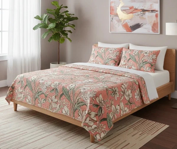 Coral Pink Printed Botanical Quilt