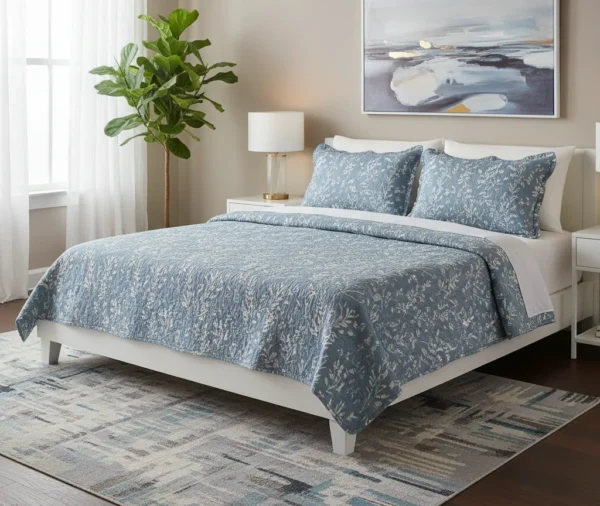 Dusty Blue Printed Botanical Quilt