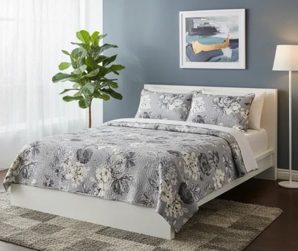 Elegant Grey Floral Printed Quilt Set