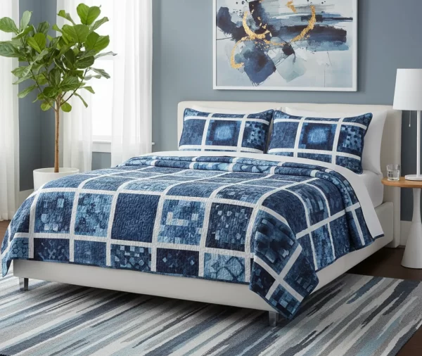Indigo Watercolor Block Printed Quilt Set