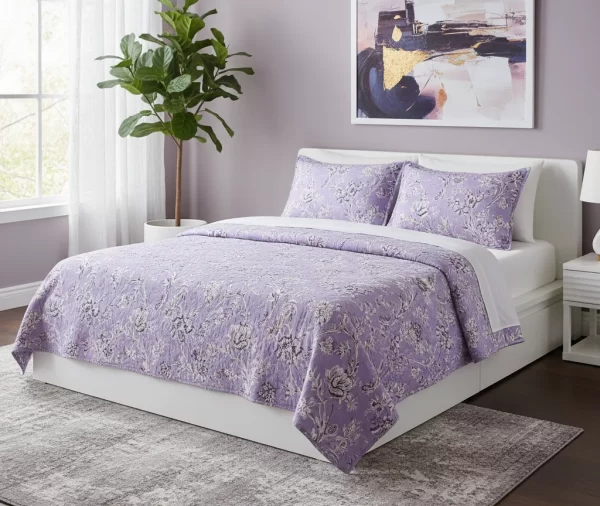 Lavender Grey Printed Botanical Quilt