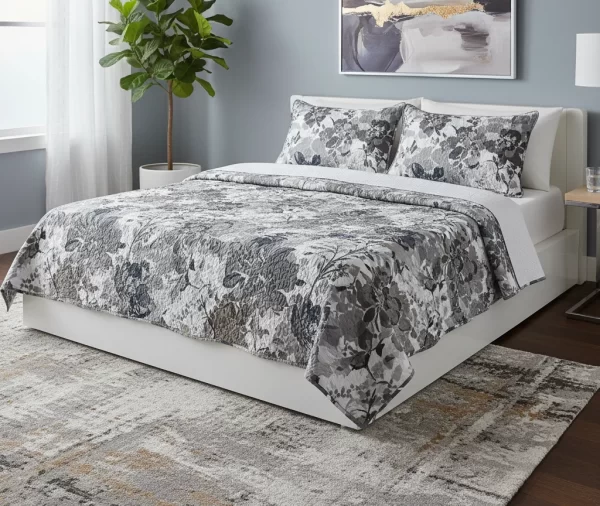 Modern Printed Grey Floral Quilt Set