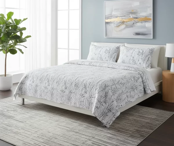 Modern Silver Grass Printed Quilt Set