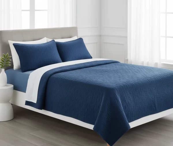 Modern Textured Plain Quilt Deep Blue