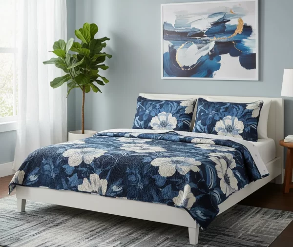 Navy Blue Printed Floral Quilt Set