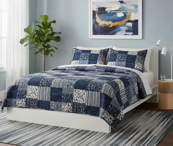 Navy Patchwork Printed Quilt