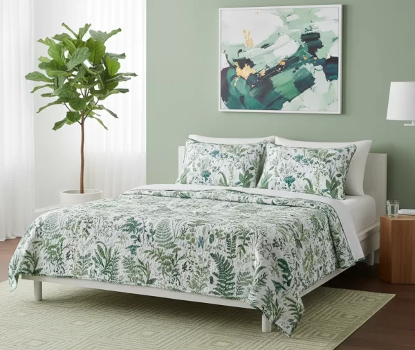 Printed Green Botanical Quilt Set