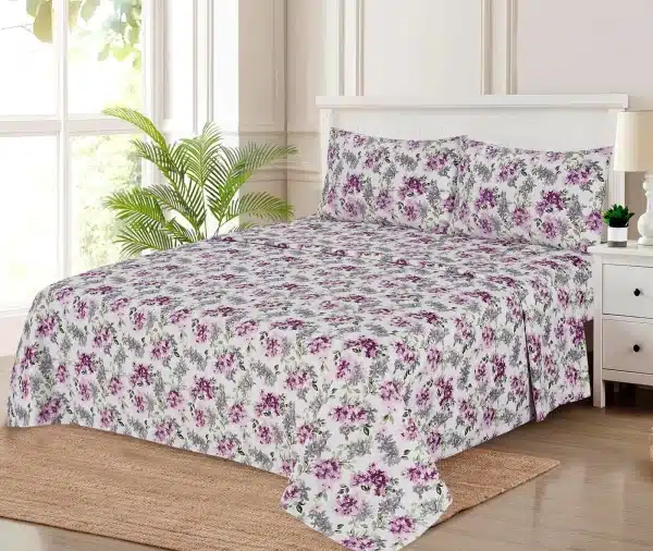 Purple Floral Printed Fitted Bedsheet