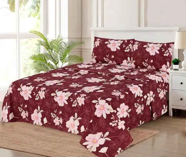 Maroon Pink Big Floral Fitted Bedsheet